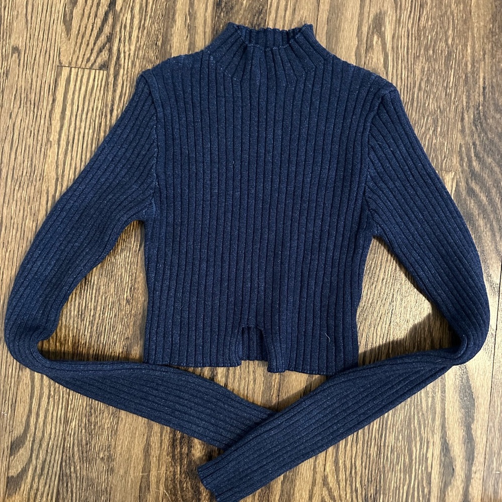 Blue Ribbed Mock Neck Sweater